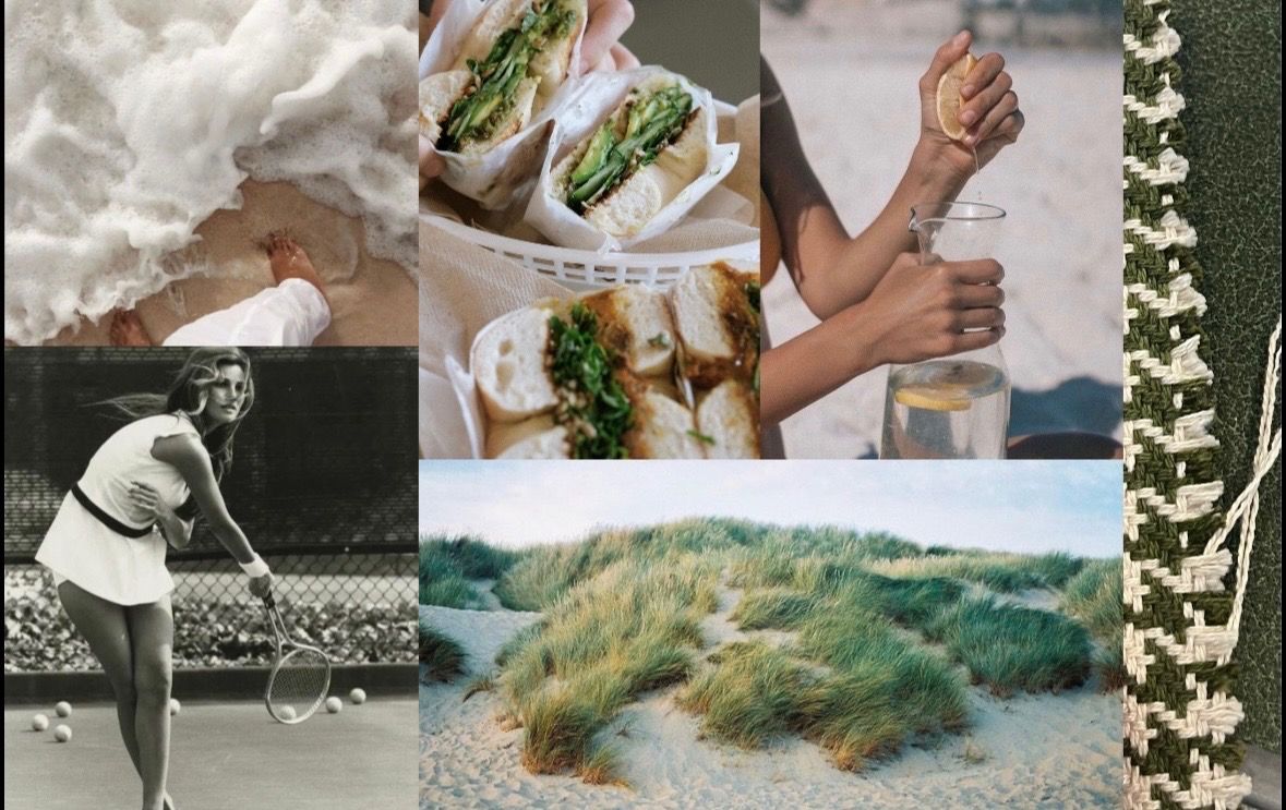 A six-panel collage of coastal scenes: sea foam, a vintage tennis photograph, wrapped sandwiches, dunes, lemonade being poured, and a woven textile