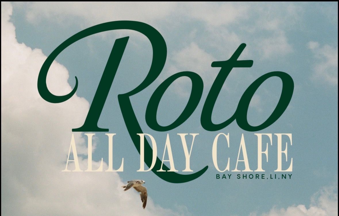 Cloudy sky with a seagull in flight and Roto All Day Cafe lettering for Bay Shore, Long Island
